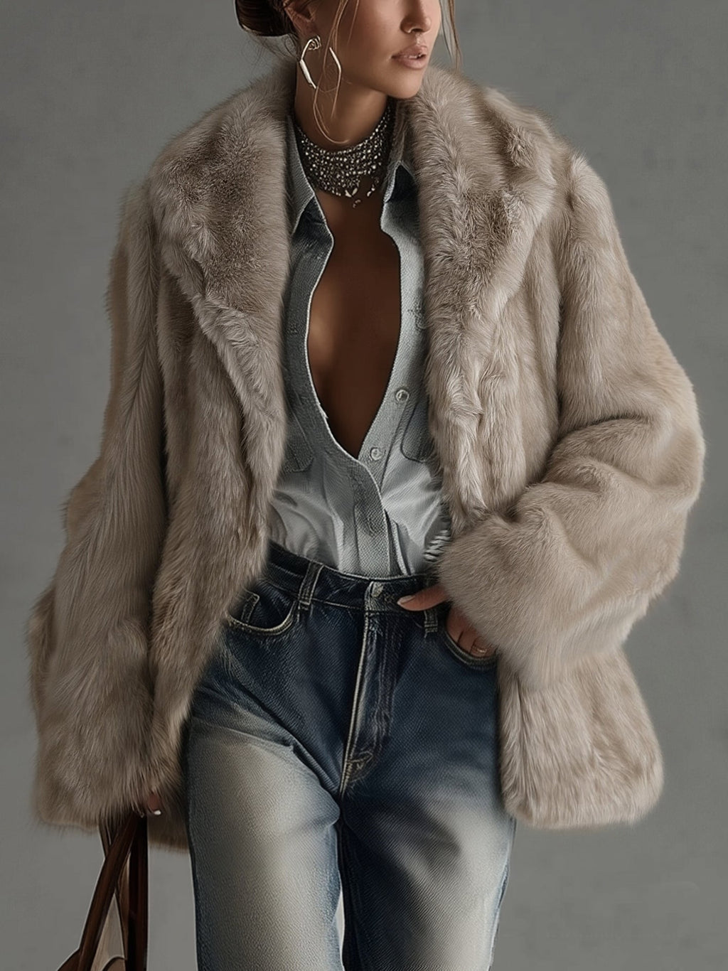 Taryn™ | Taupe Faux Fur Oversized Coat