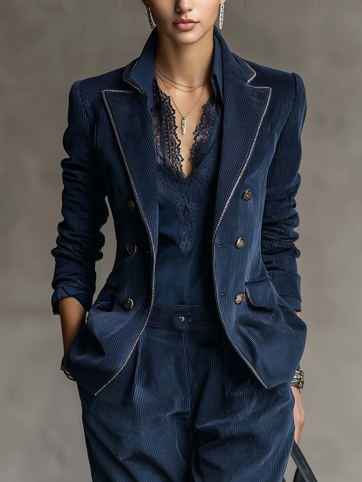 Vera™ | Navy Rhinestone-Trim Blazer