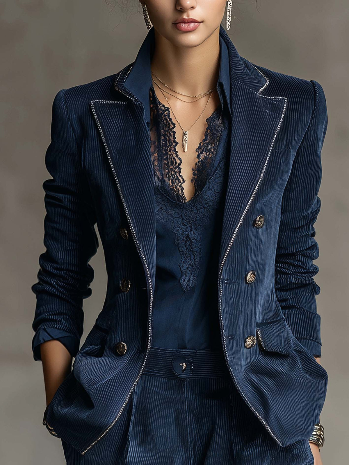 Vera™ | Navy Rhinestone-Trim Blazer
