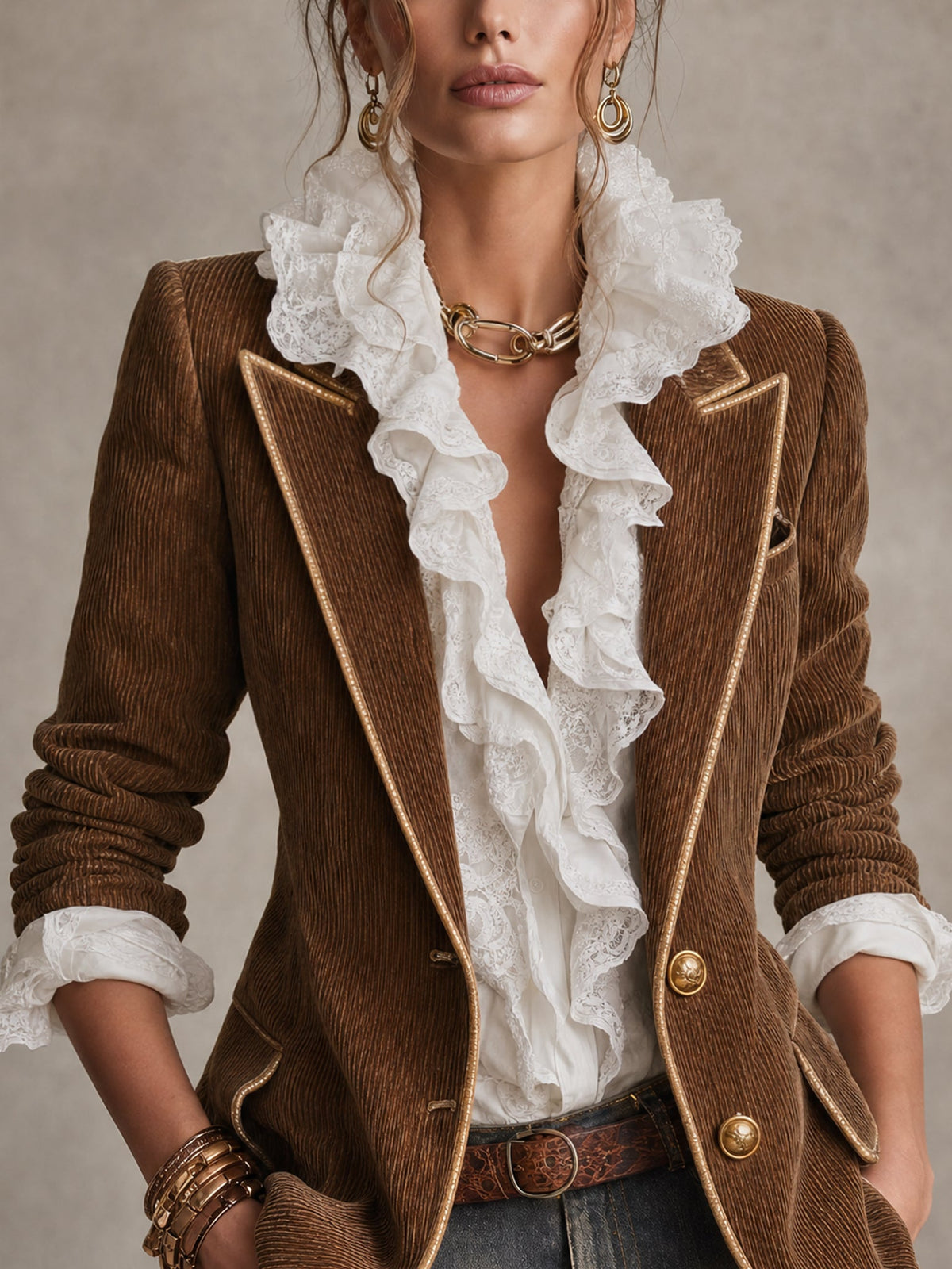 Corinne™ | Brown Corduroy Piped Blazer