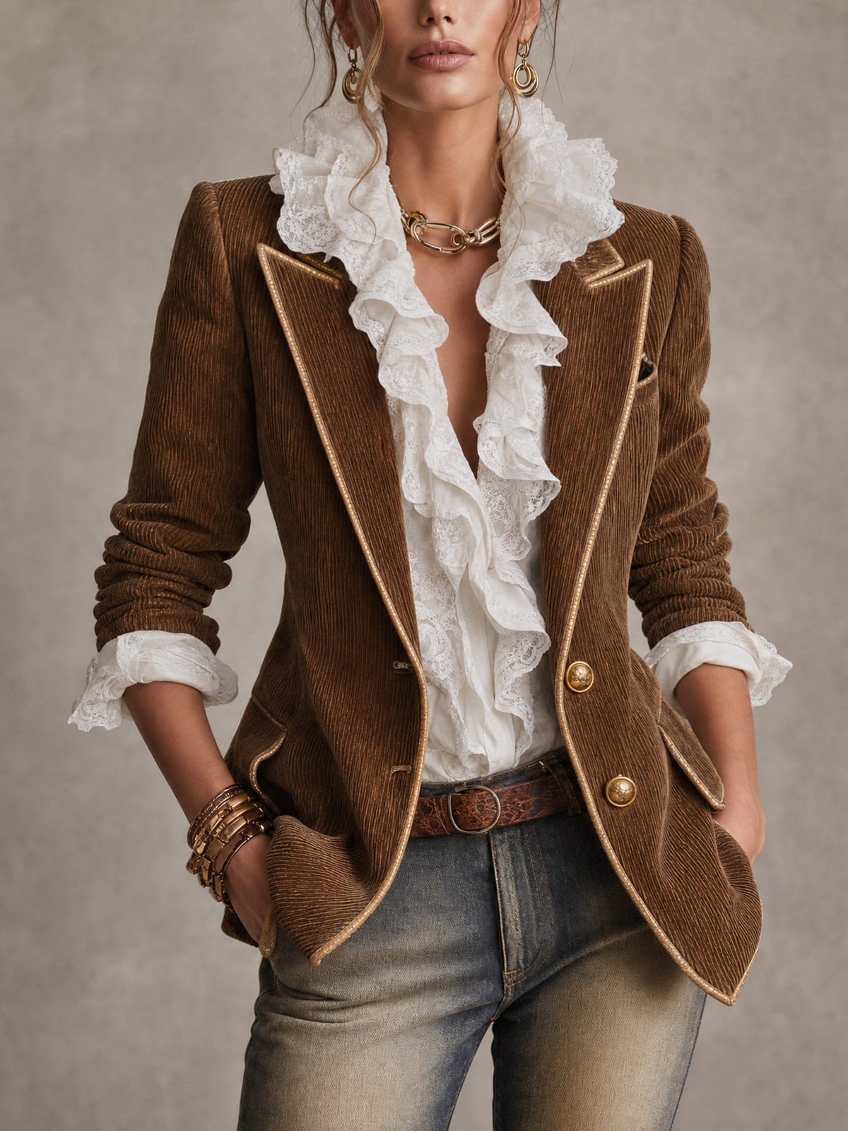 Corinne™ | Brown Corduroy Piped Blazer