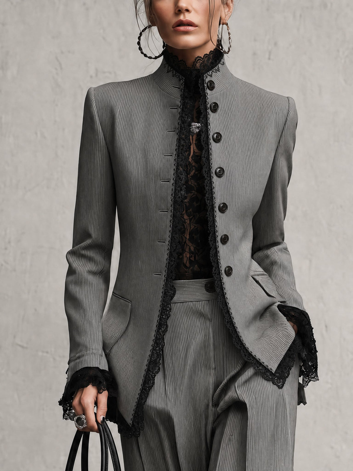 Eloise™ | Gray Embroidered Lace Trim Blazer