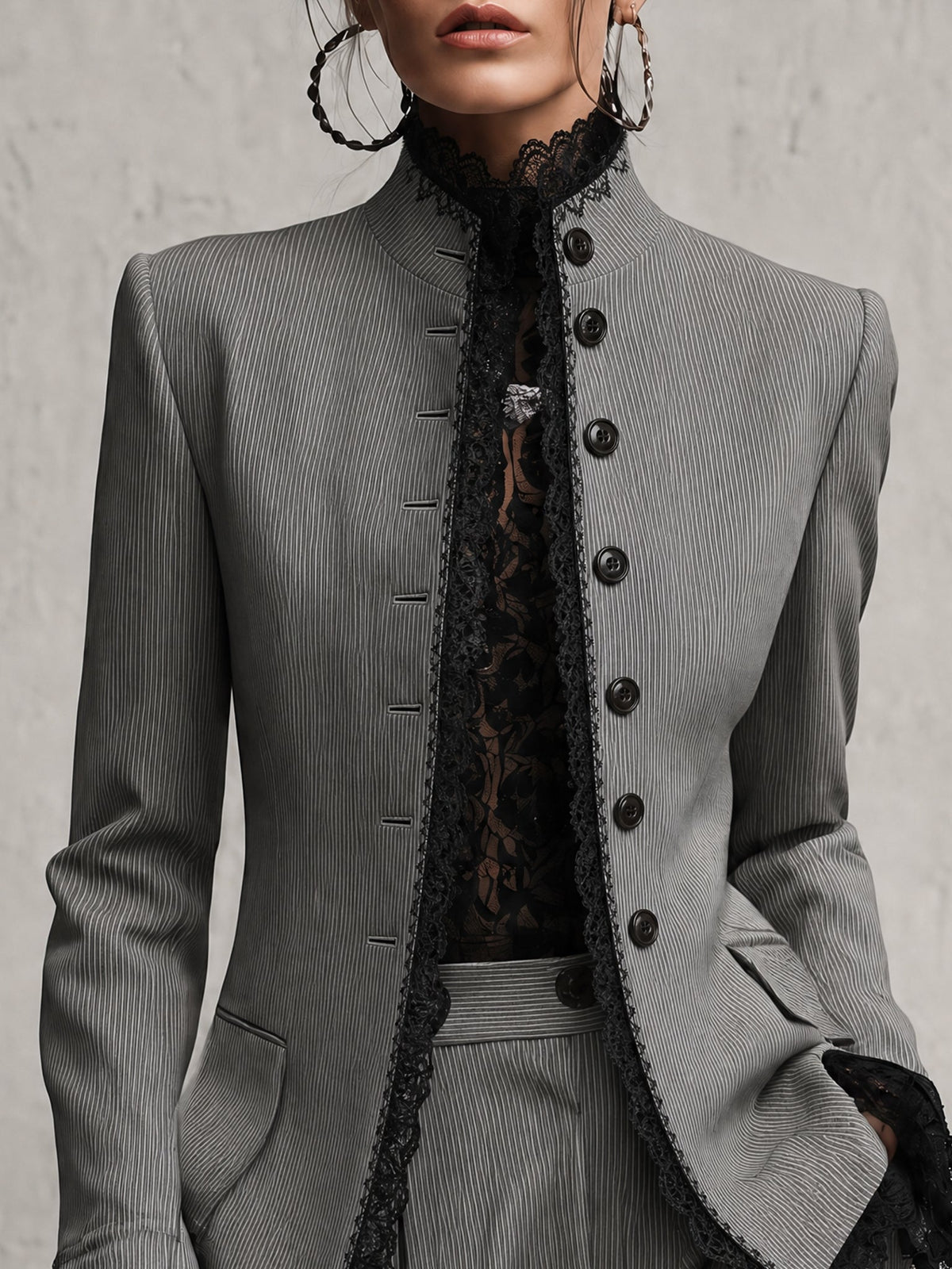 Eloise™ | Gray Embroidered Lace Trim Blazer