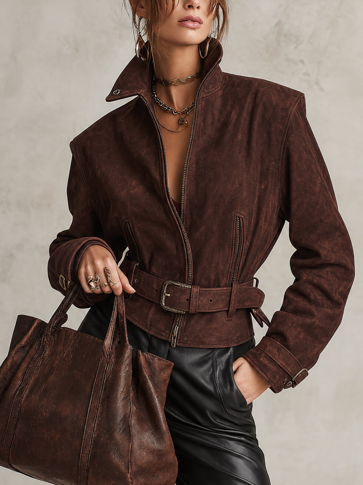 Simone™ | Burgundy Faux Suede Belted Jacket