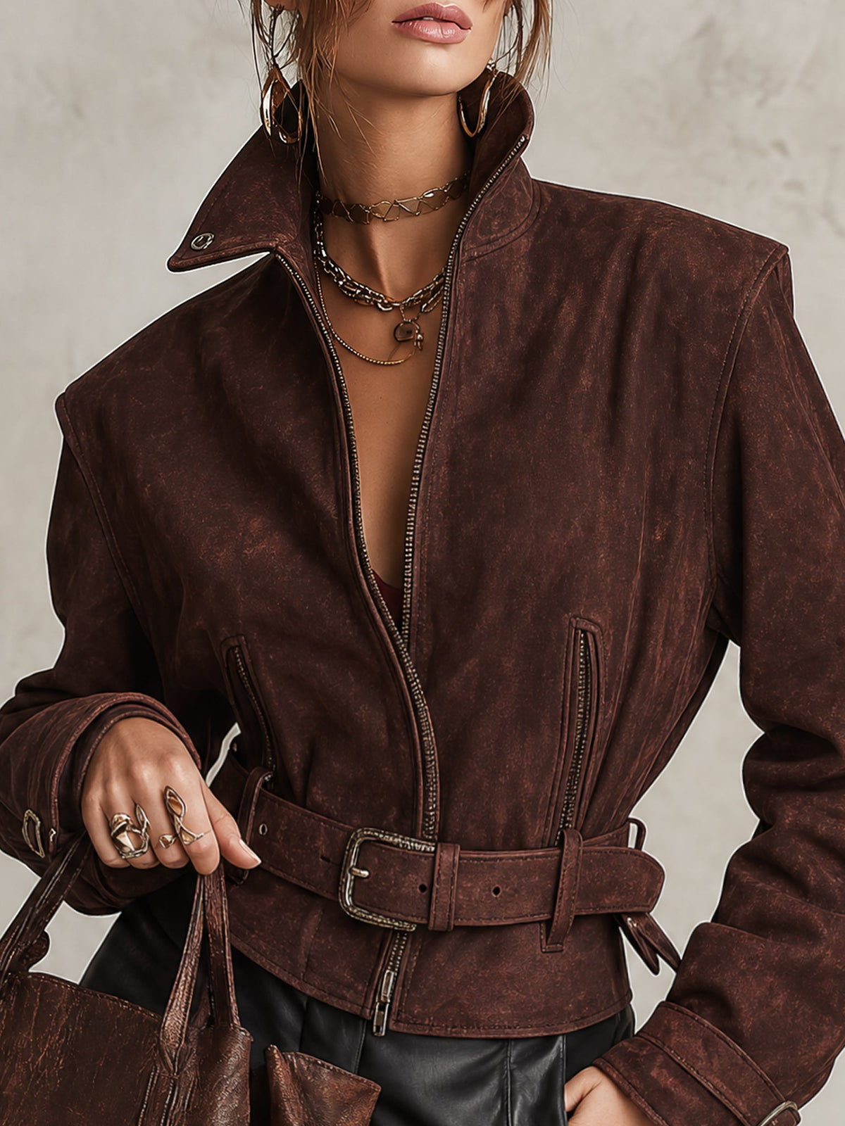 Simone™ | Burgundy Faux Suede Belted Jacket