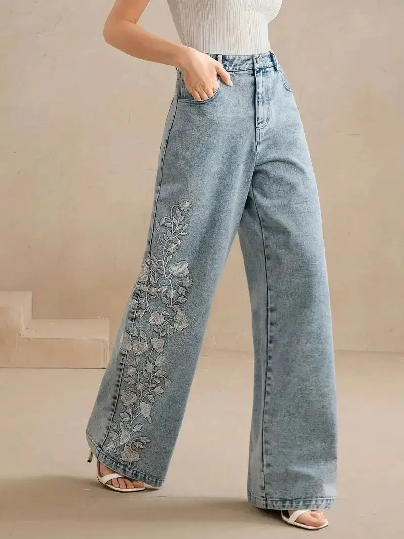 Flora™ | Embroidered Wide-Leg Denim Jean
