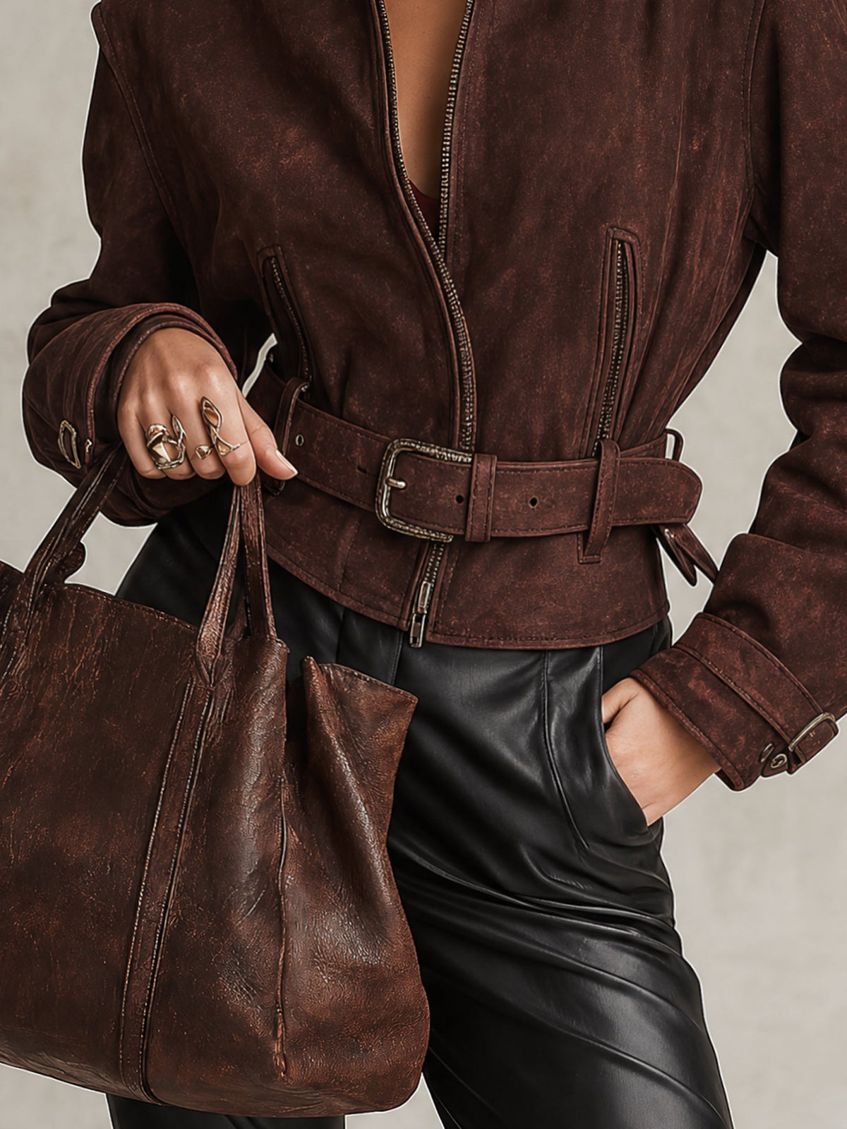 Simone™ | Burgundy Faux Suede Belted Jacket